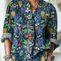 Women's Vintage Trees And Flowers Painting Art Print Casual Cotton And Linen Ruffle Shirt