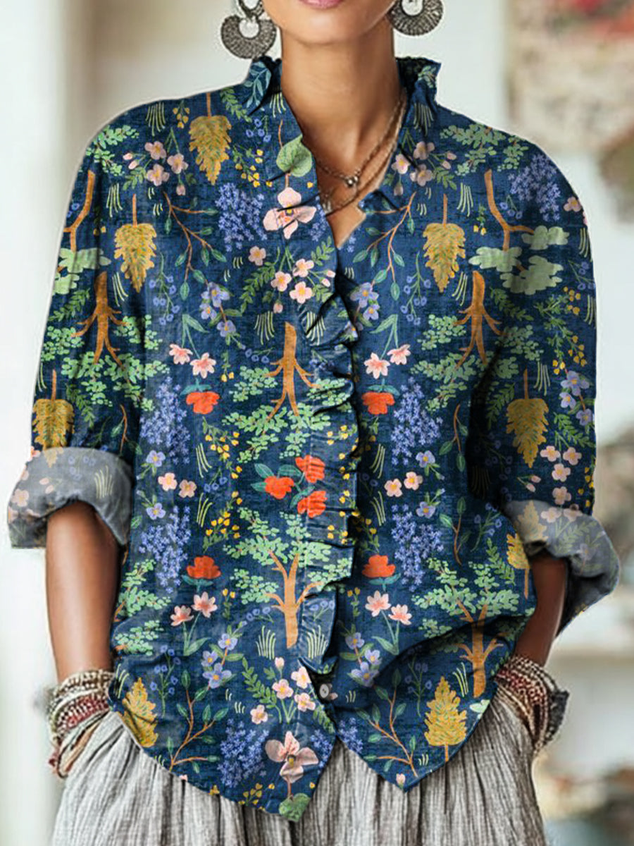 Women's Vintage Trees And Flowers Painting Art Print Casual Cotton And Linen Ruffle Shirt