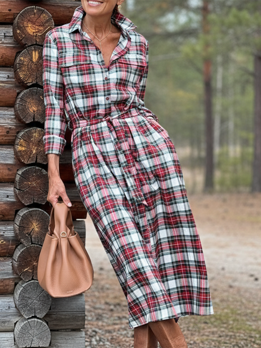 Women's Retro Contrast Color Plaid Shirt Cotton Dress