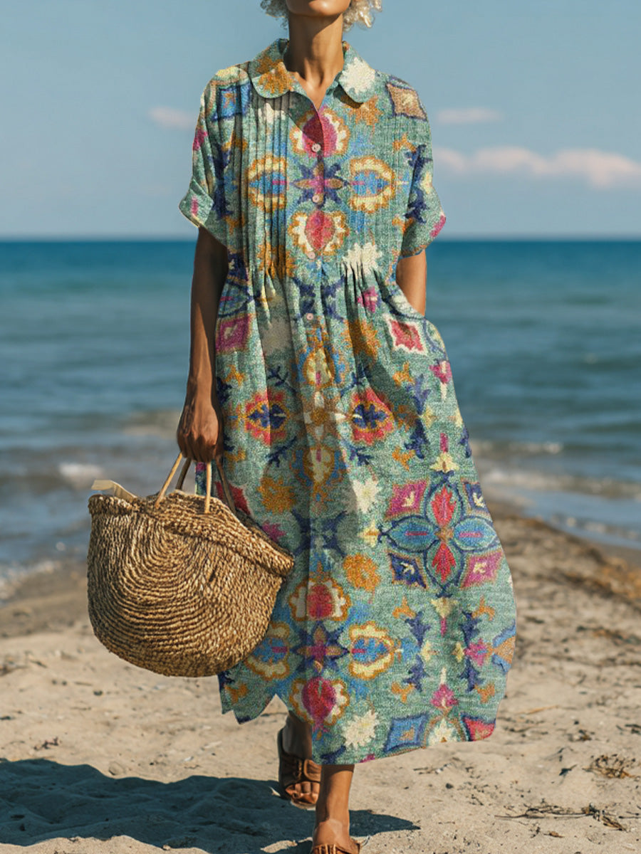 Women's Vintage Ethnic Rhombus Geometric Floral Painting Art Print Dress