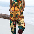 Women's Vintage Abstract Sunburst Art Print Casual 100% Cotton Wide Leg Jumpsuit