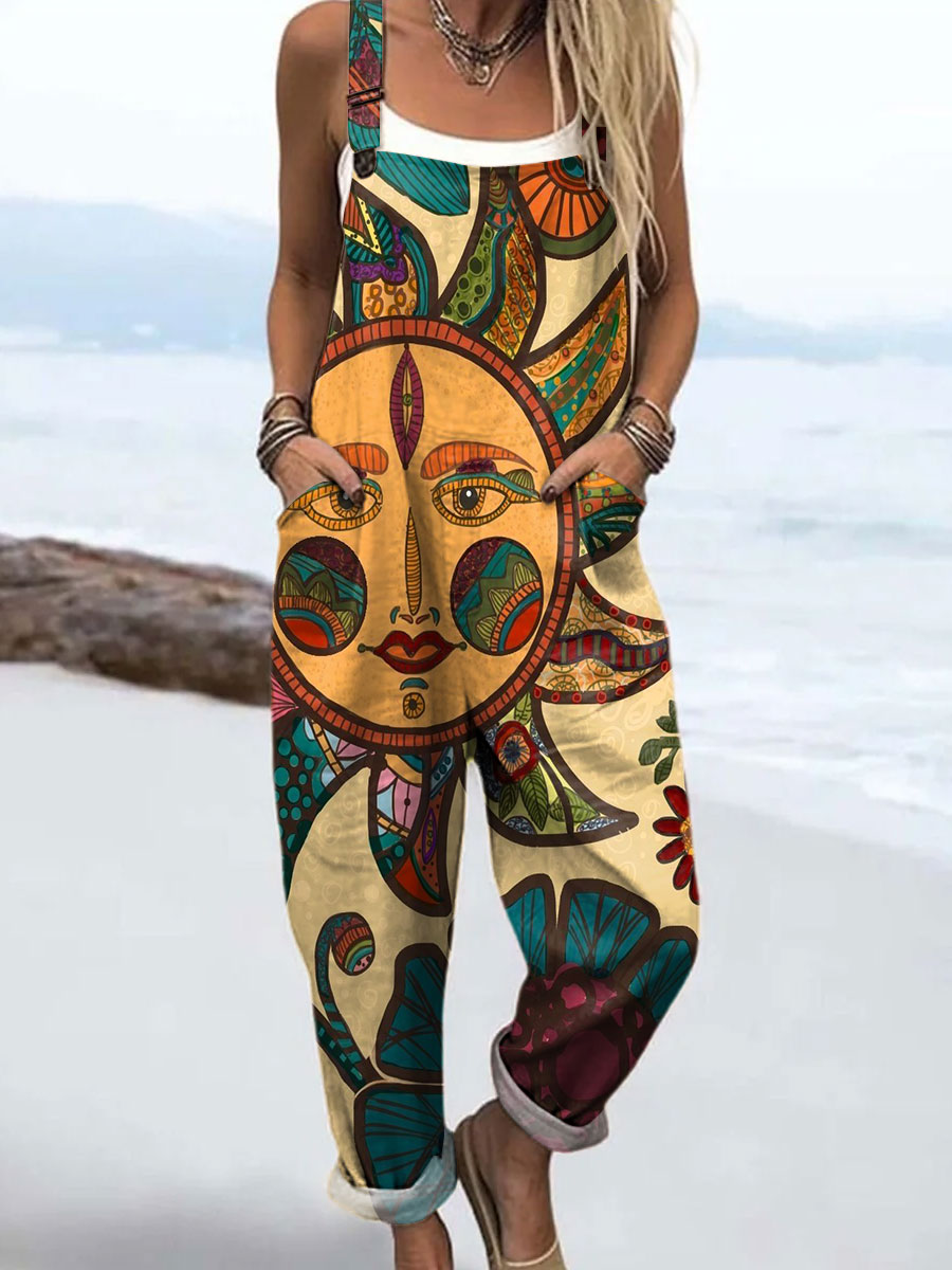 Women's Vintage Abstract Sunburst Art Print Casual 100% Cotton Wide Leg Jumpsuit