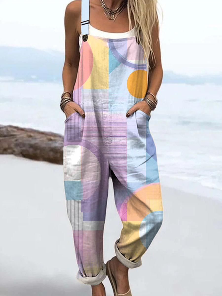 Women's Geometric Pattern Art Print Casual 100% Cotton Wide Leg Jumpsuit