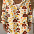 Women's Thanksgiving Retro Turkey Art Printed Casual Hooded Button Sweater