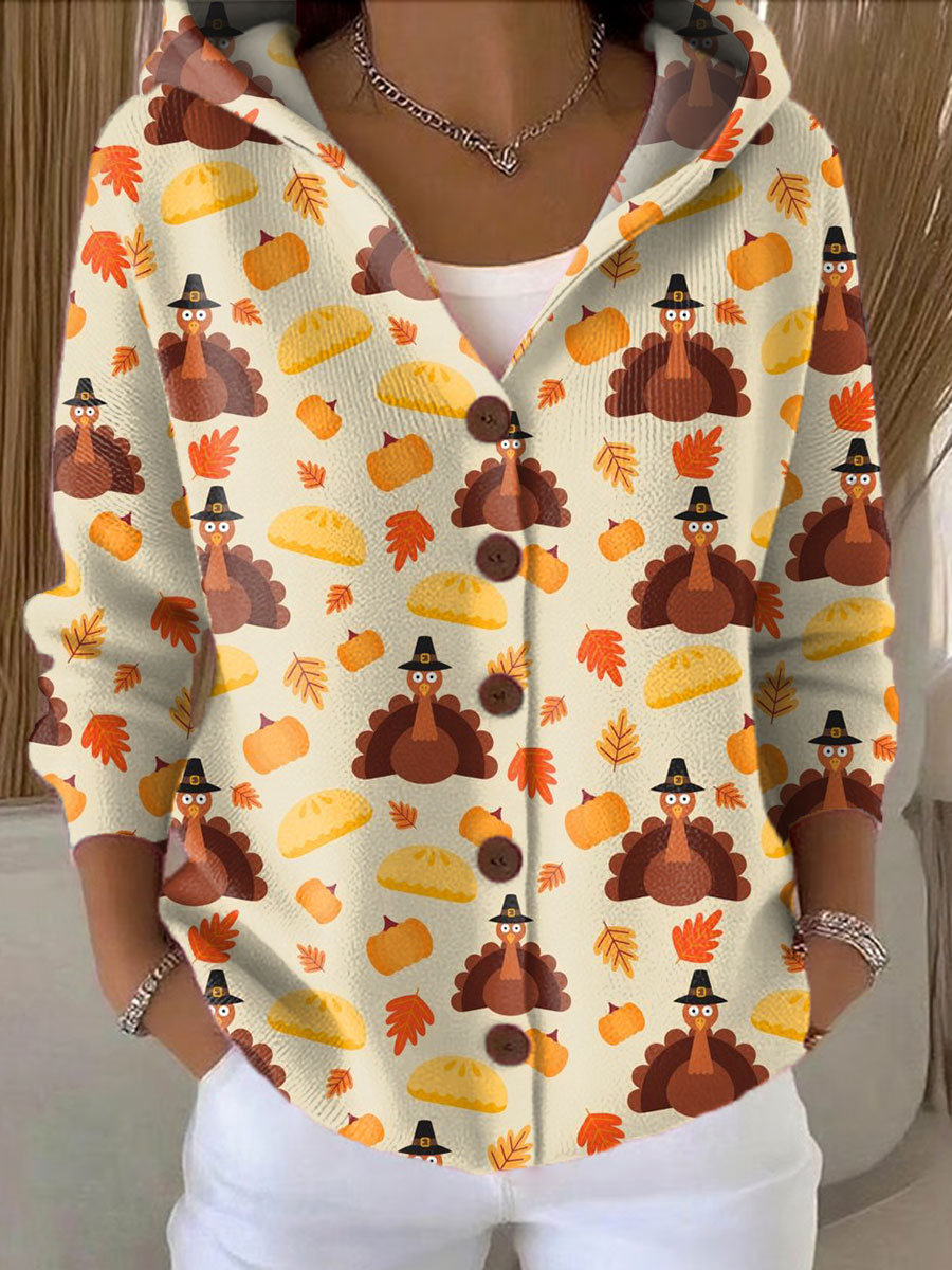 Women's Thanksgiving Retro Turkey Art Printed Casual Hooded Button Sweater