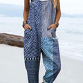 Women's Retro Abstract Dot Stripe Art Print Casual 100% Cotton Wide Leg Jumpsuit