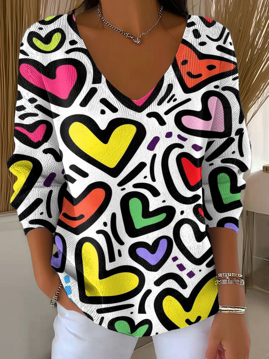 Women's Graffiti Style Love Heart Art Pattern Casual Pullover Sweater