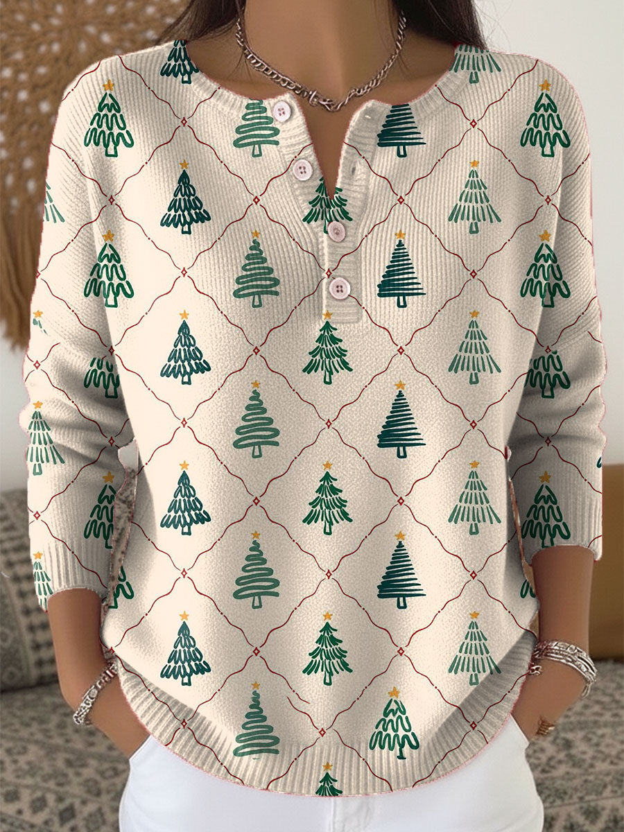 Vintage Christmas Tree Art Print Buttoned Cardigan Sweater