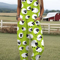 Women's  Funny Sheep Art Print Casual 100% Cotton Wide Leg Jumpsuit