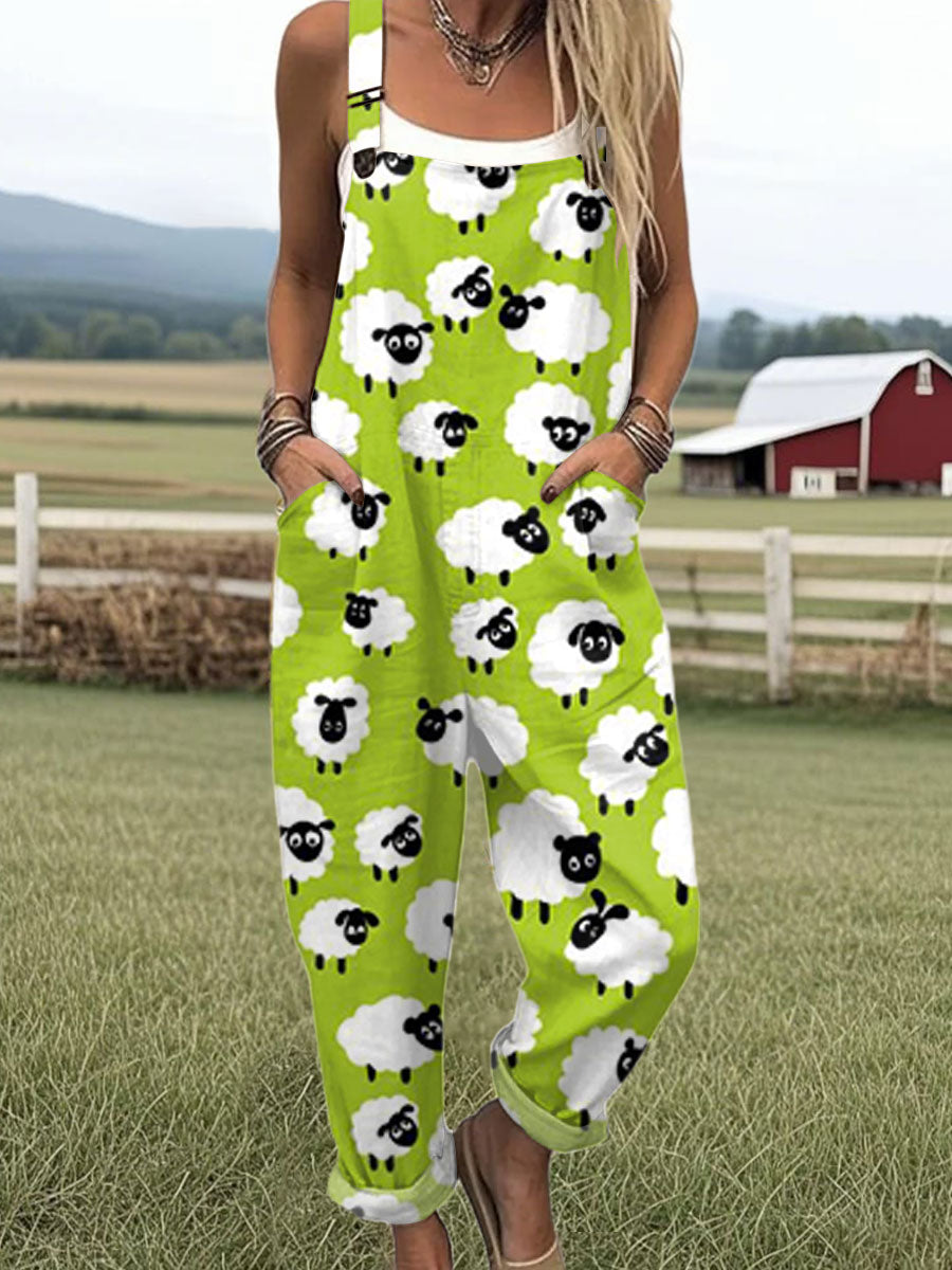 Women's  Funny Sheep Art Print Casual 100% Cotton Wide Leg Jumpsuit