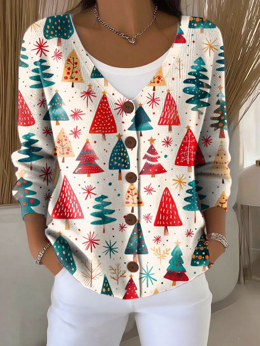 Christmas Tree Print Buttoned V-neck Cardigan Sweater