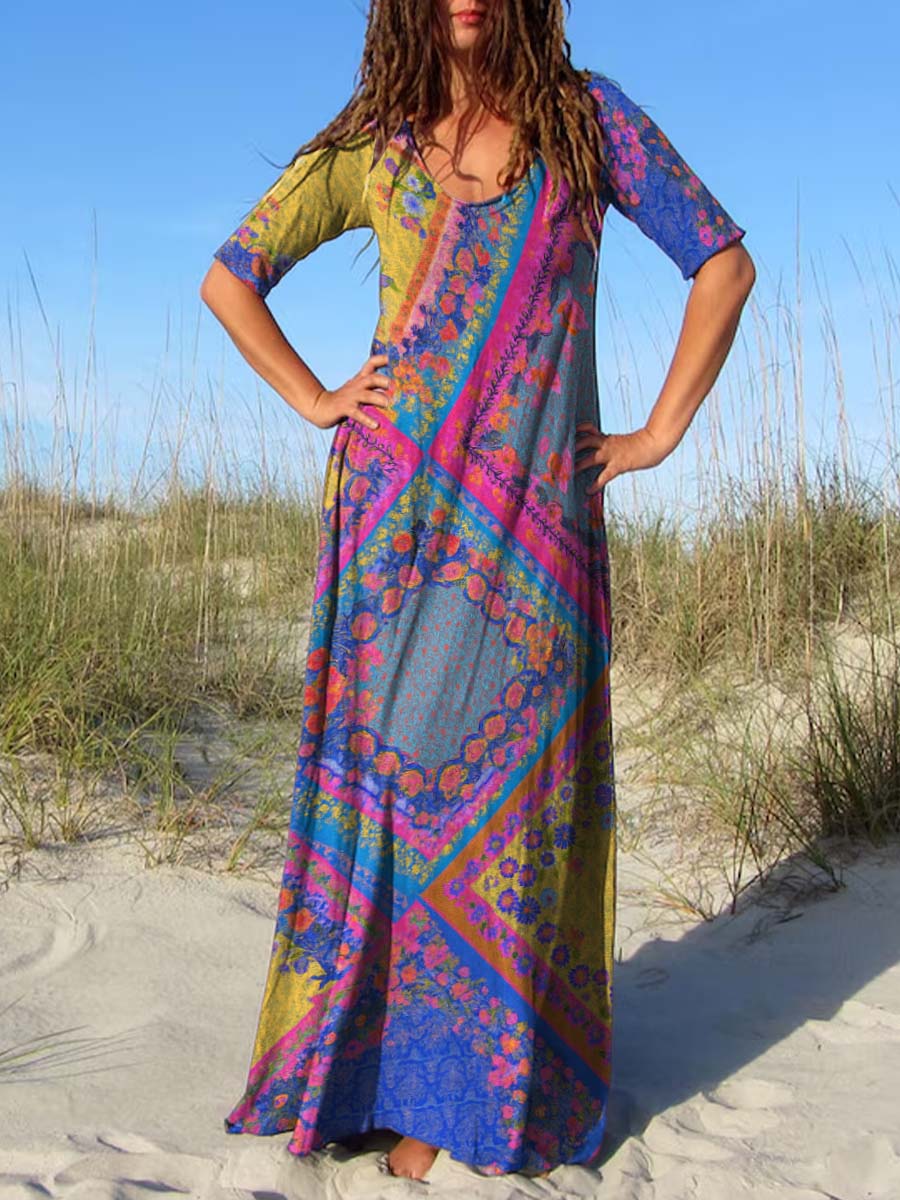 Women's Round Neck Geometric Floral Print Short Sleeve Dress