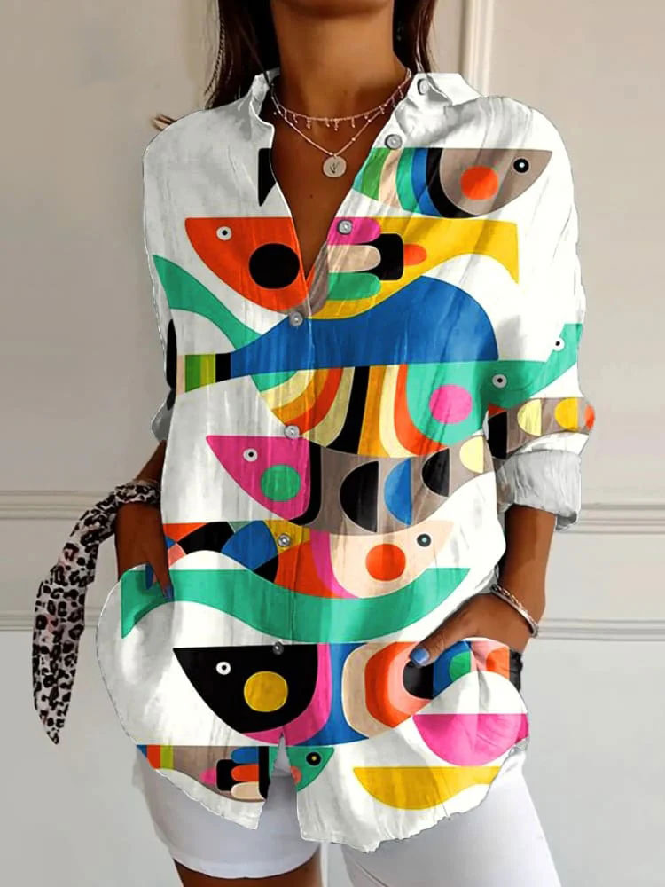 Women's  Fish  Art Print Casual Cotton Shirt
