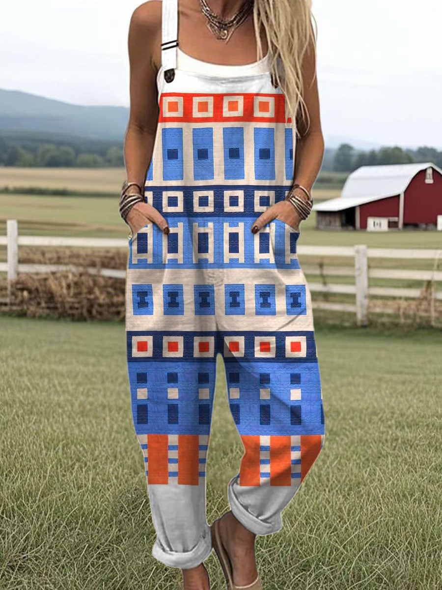 Women's  Vintage Abstract Geometric Art Print Casual 100% Cotton Wide Leg Jumpsuit