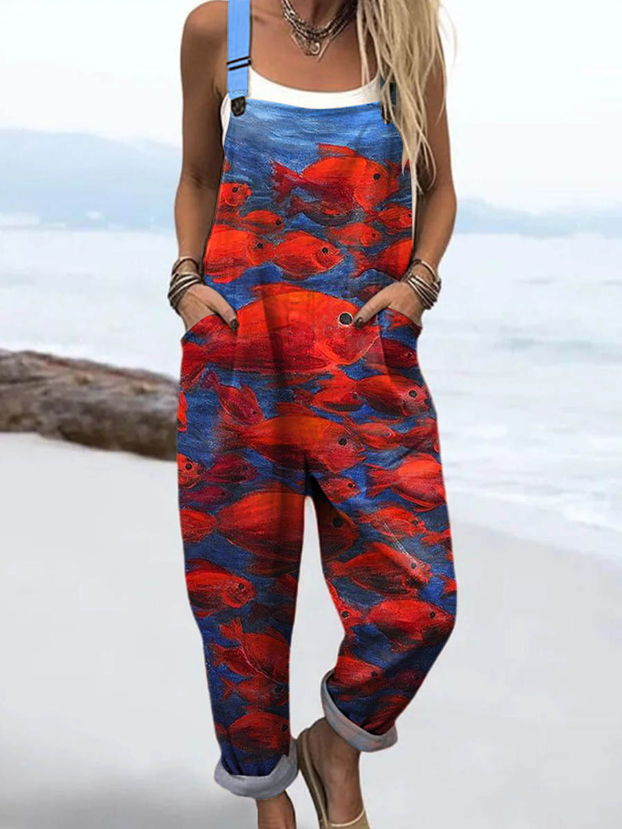 Women's Lovely Fish Pattern Art Print Casual 100% Cotton Wide Leg Jumpsuit
