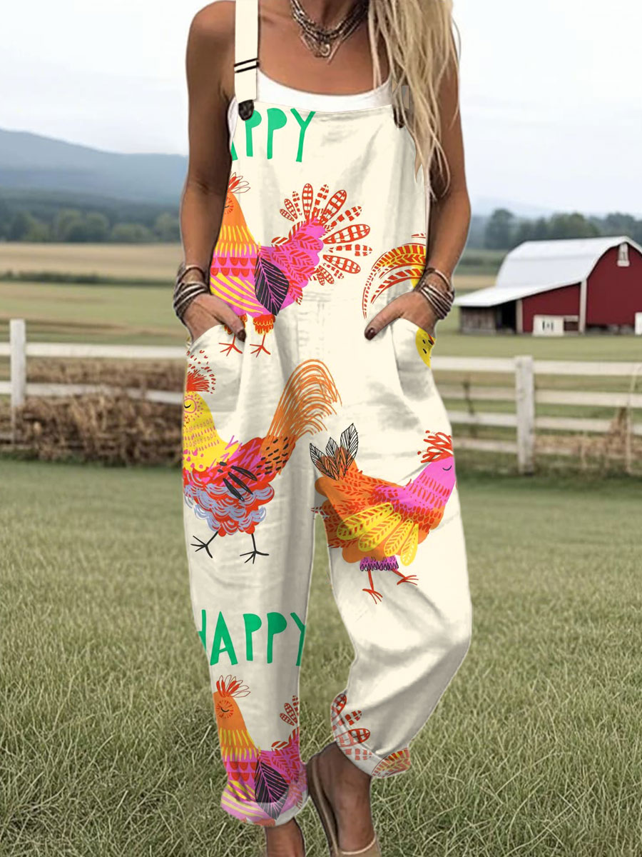 Women's  Happy Funny Rooster Art Print Casual 100% Cotton Wide Leg Jumpsuit