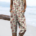 Women's Vintage Floral Art Print Casual 100% Cotton Wide Leg Jumpsuit