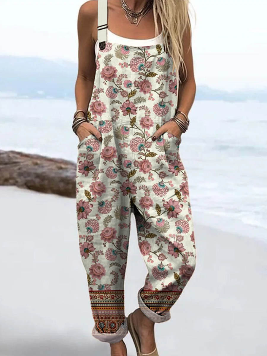 Women's Vintage Floral Art Print Casual 100% Cotton Wide Leg Jumpsuit
