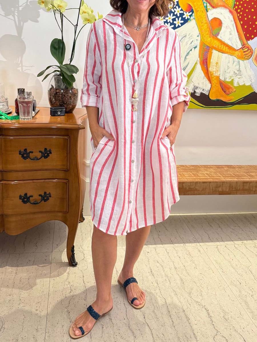 Women's Striped Print Lapel Long Sleeve Casual Cotton and Linen Shirt Dress