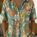 Women's Vintage Botanical Floral Casual Polo Collar Short-sleeved Linen And Cotton Shirt