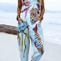 Women's Vintage Ocean Fish Art Print Casual 100% Cotton Wide Leg Jumpsuit