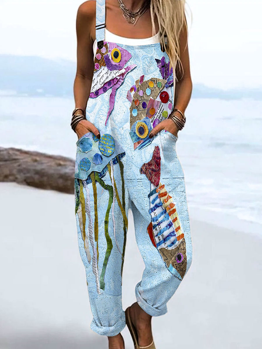 Women's Vintage Ocean Fish Art Print Casual 100% Cotton Wide Leg Jumpsuit