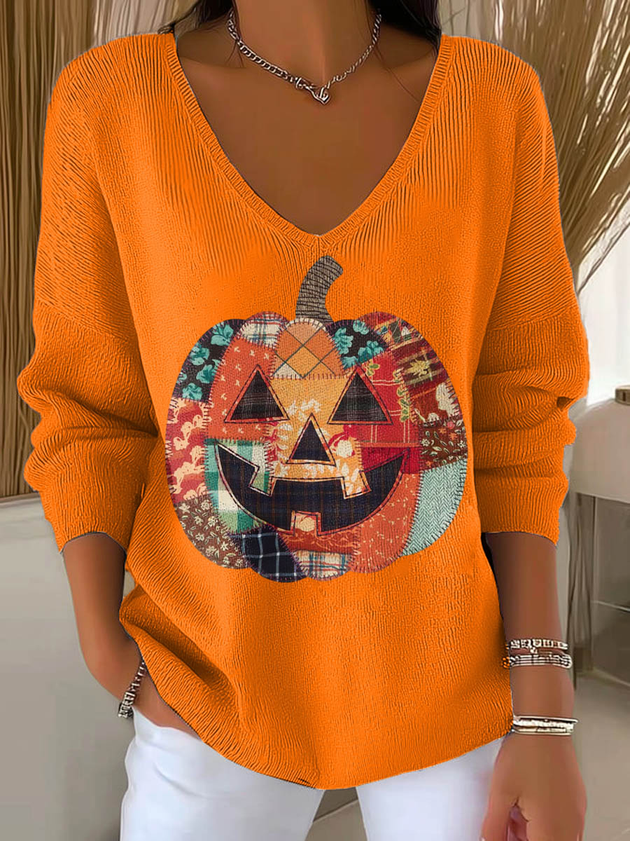 womens-funny-pumpkin-halloween-pattern-art-print-casual-pullover-sweater