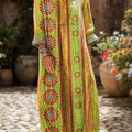 Women's Vintage Geometric Striped Circular Floral Painting Art Print Dress
