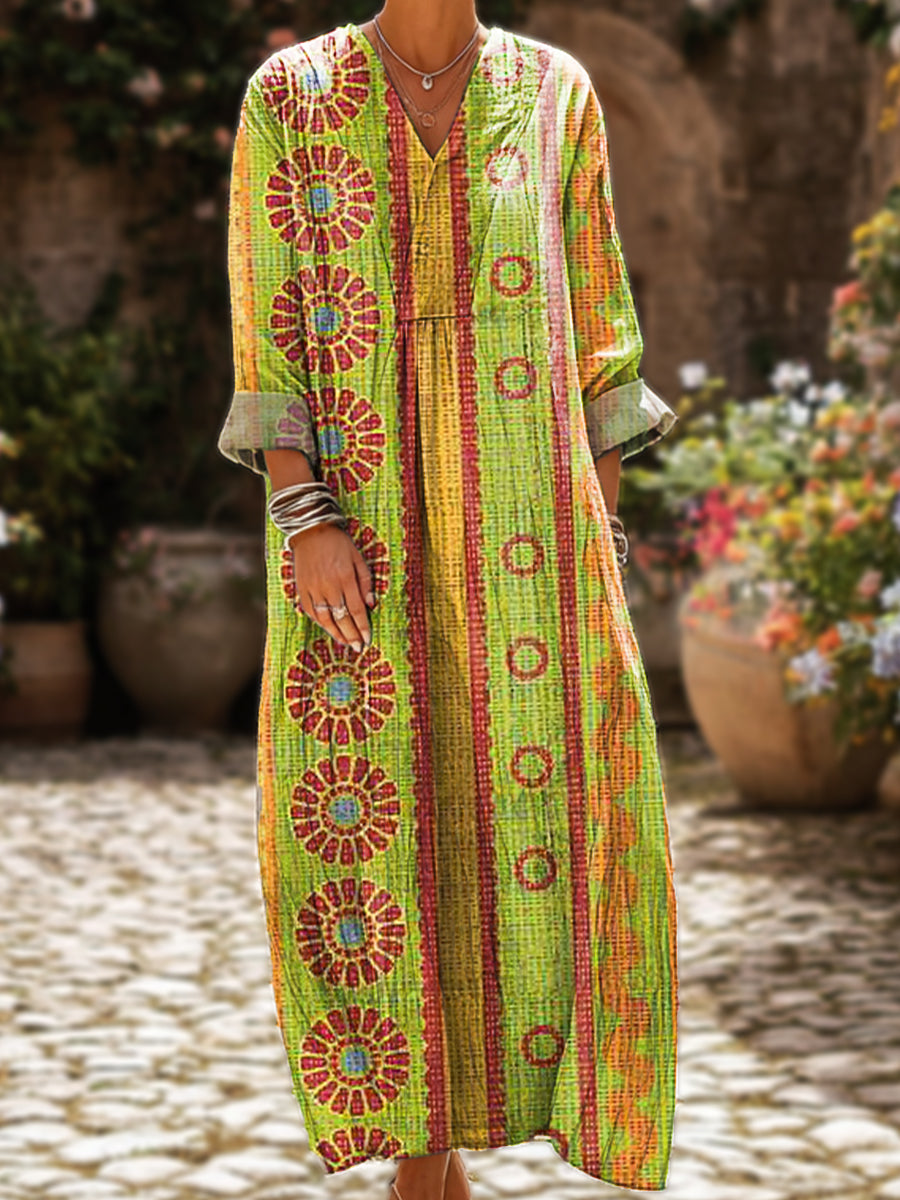 Women's Vintage Geometric Striped Circular Floral Painting Art Print Dress