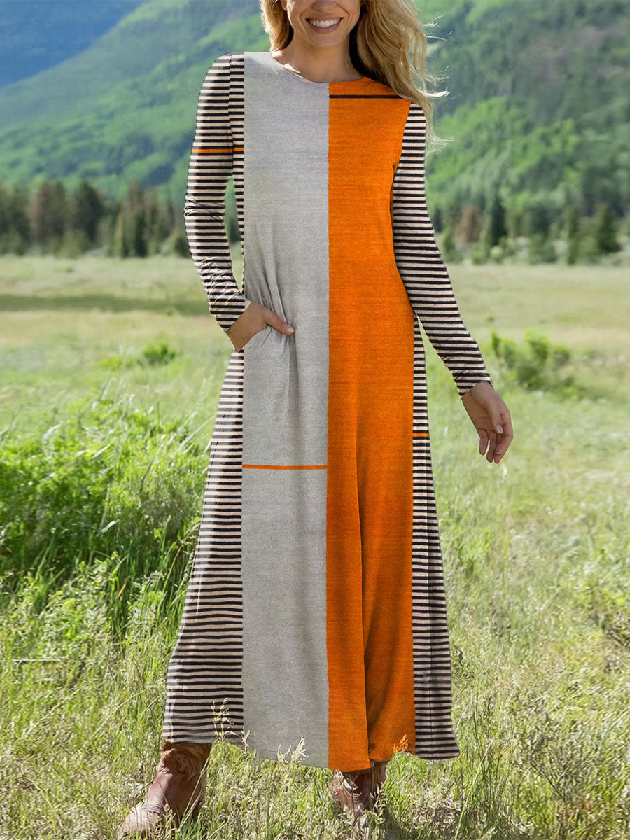 Women's Vintage Abstract Geometric  Art Printed Long-sleeved Casual Dress