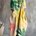 Women's Colorful Leaves Art Pattern Print Pocket V-neck Cotton Dress