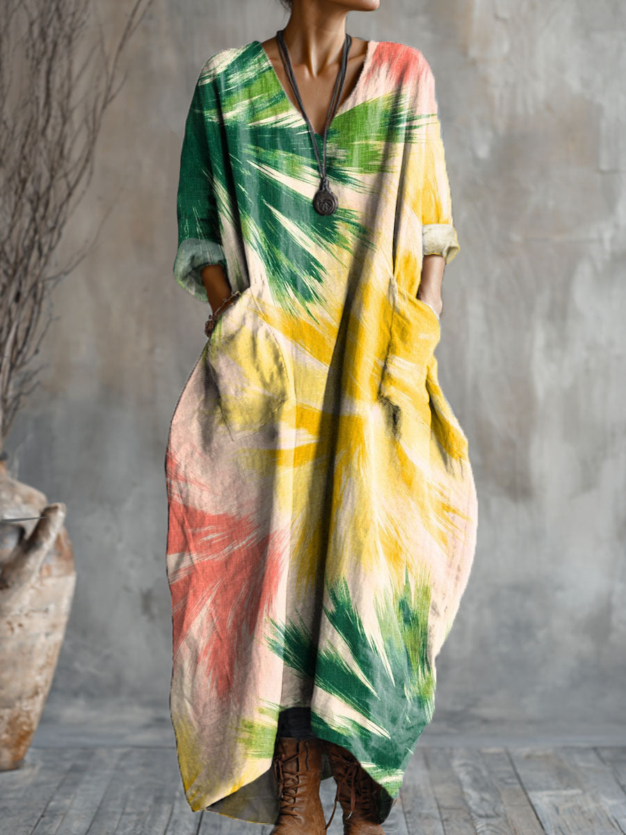 Women's Colorful Leaves Art Pattern Print Pocket V-neck Cotton Dress