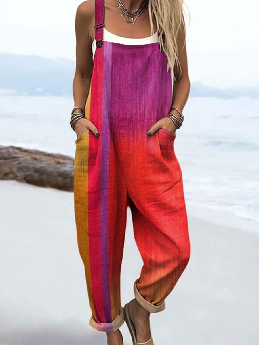 Women's Fashion Gradient Art Print Casual 100% Cotton Wide Leg Jumpsuit