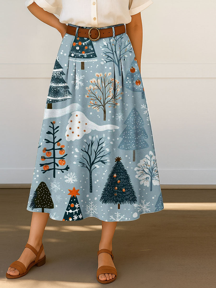 Women's Vintage Christmas Art Print Cotton Skirt
