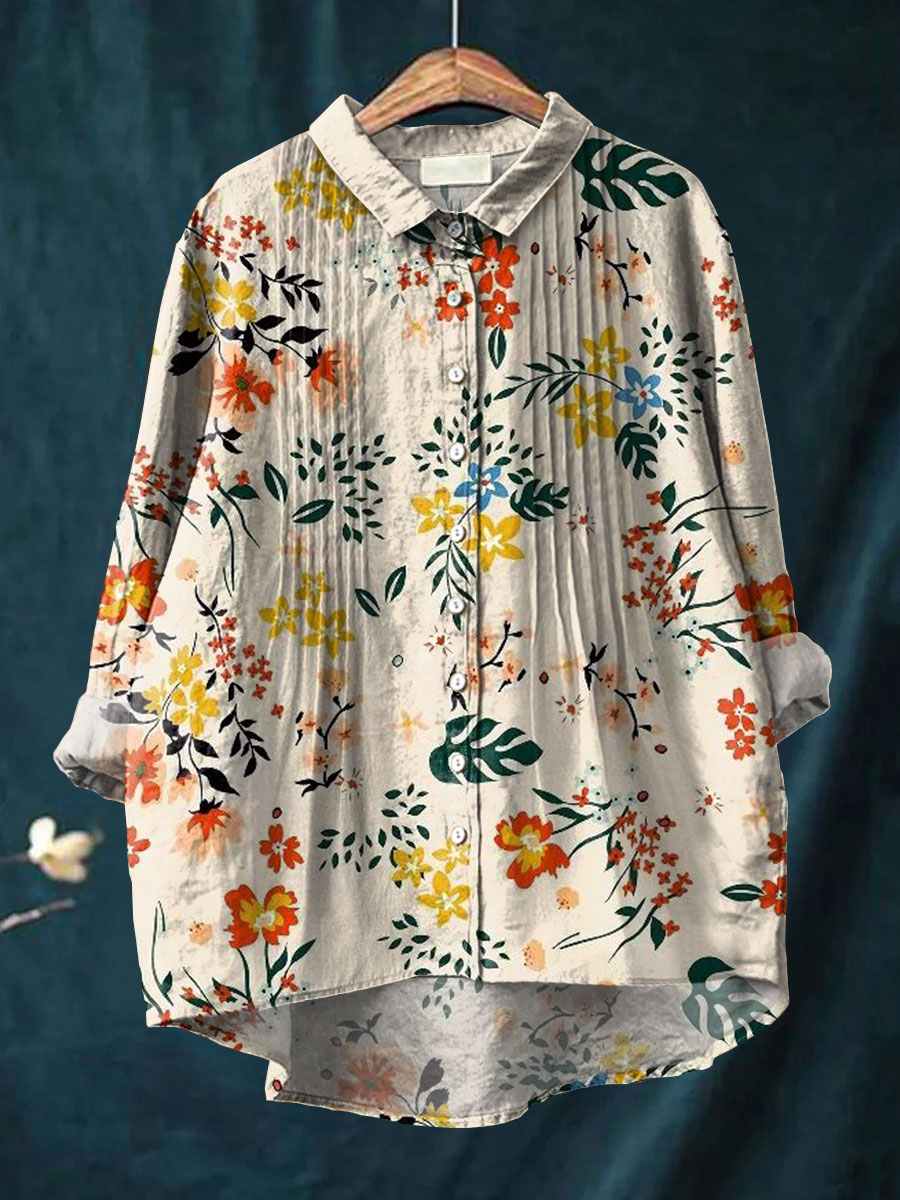 Women's Simple Floral Pattern Art Print Casual Cotton And Linen Ruffle Shirt