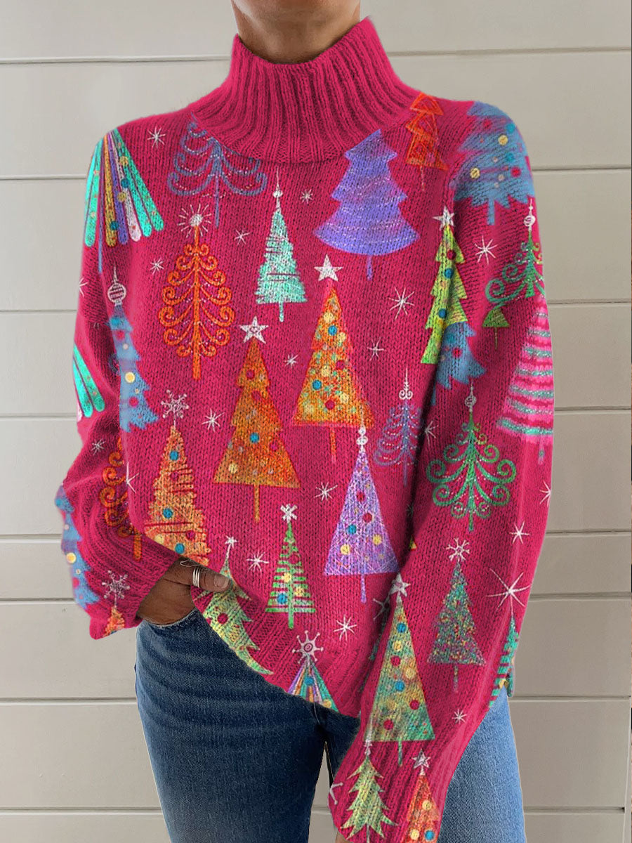 pink-christmas-tree-art-print-knit-turtleneck-pullover-sweater