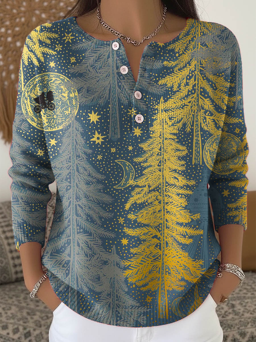 Women's Christmas Tree Art Print Buttoned Cardigan Sweater