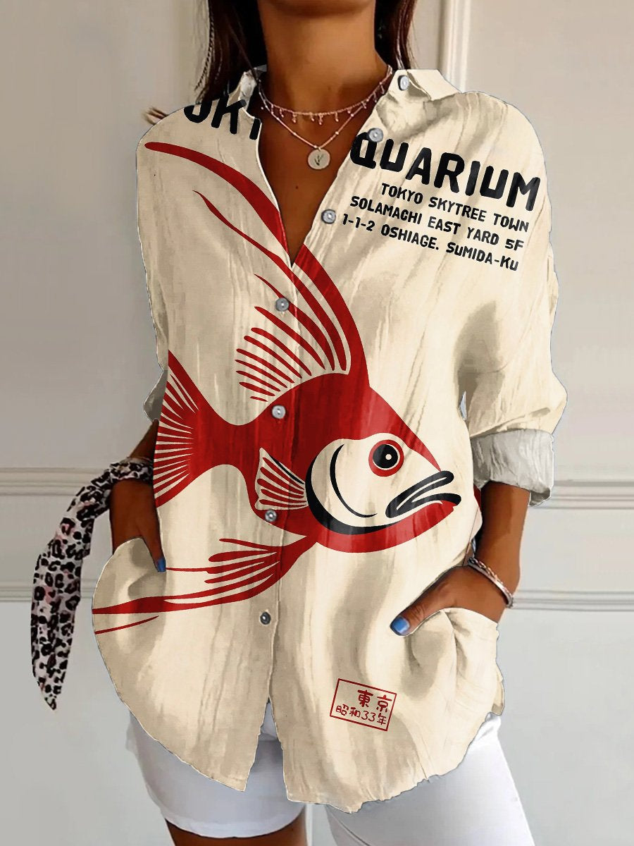 Women's Retro Fish Poster Art  Print Casual Cotton Shirt