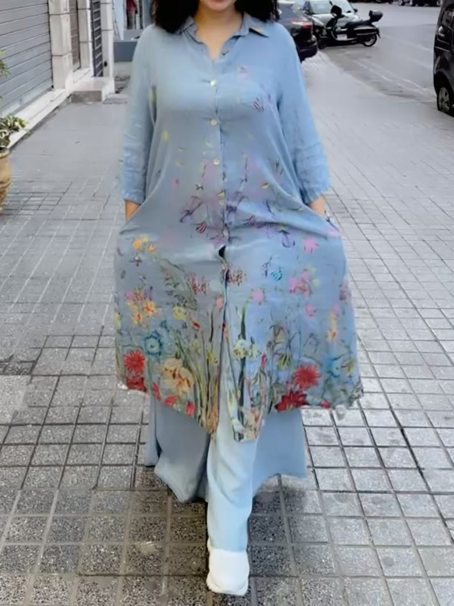 Women's Cotton and Linen Floral Print Shirt Dress