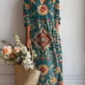 Women's Vintage Flower Art Print Linen Pocket Dress