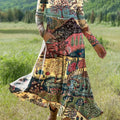 Women's Beautiful Vintage Ethnic Hills Landscape Art Print Long-sleeved Dress