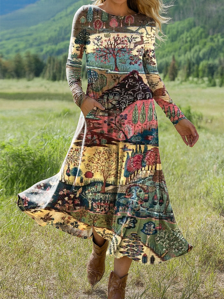 Women's Beautiful Vintage Ethnic Hills Landscape Art Print Long-sleeved Dress