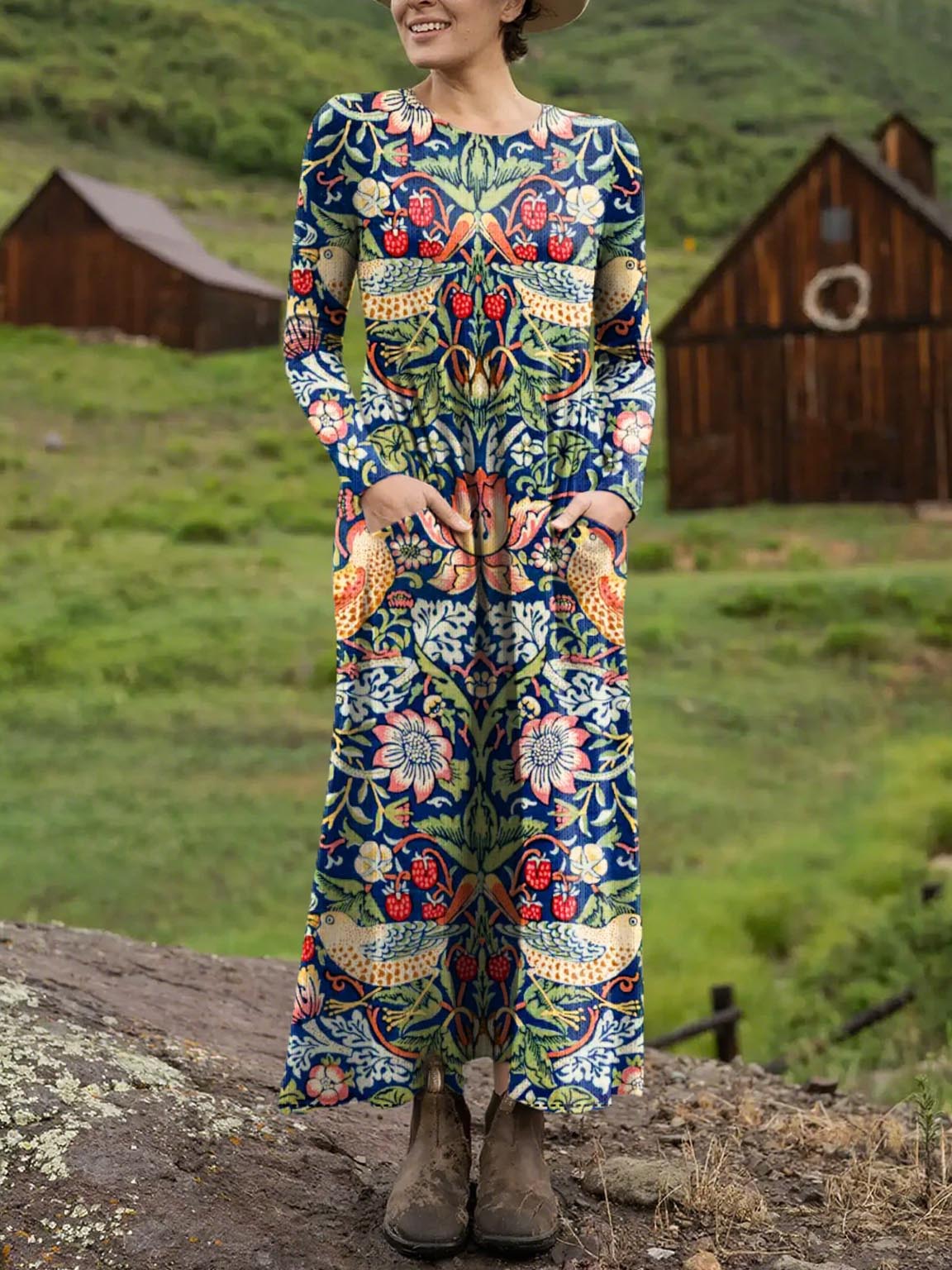 Women's Retro Floral Art Print Long-sleeved Dress