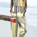 Women's  Vintage Abstract Geometric Art Print Casual 100% Cotton Wide Leg Jumpsuit