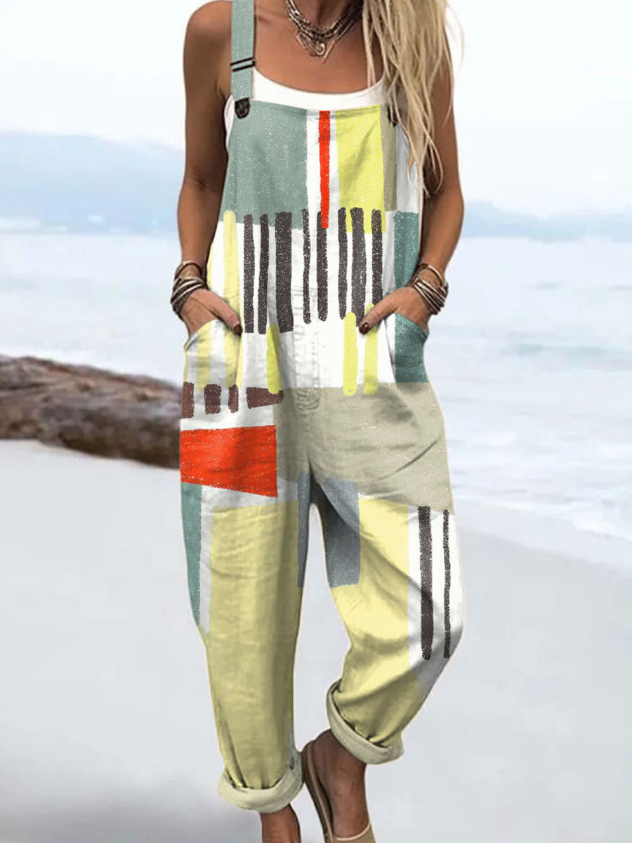 Women's  Vintage Abstract Geometric Art Print Casual 100% Cotton Wide Leg Jumpsuit