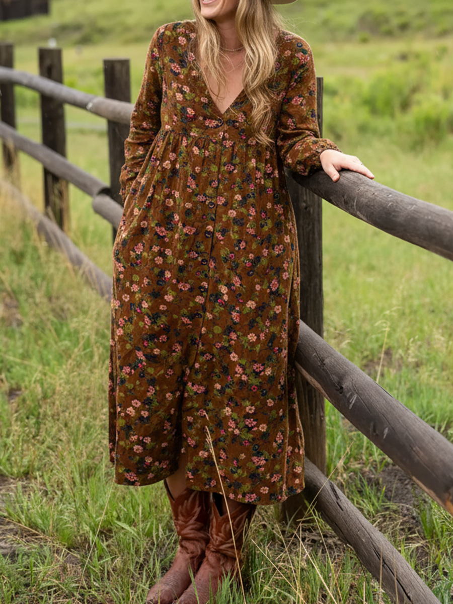 Boho Floral Patchwork Print V-neck Long-sleeved Dress