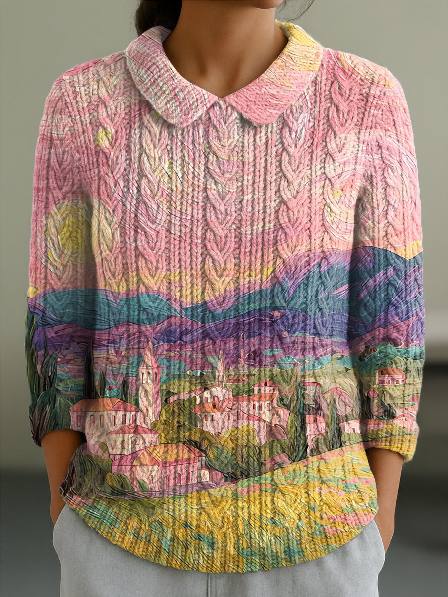 womens-beautiful-colorful-abstract-landscape-painting-art-print-casual-peter-pan-collar-3-4-sleeve-sweater