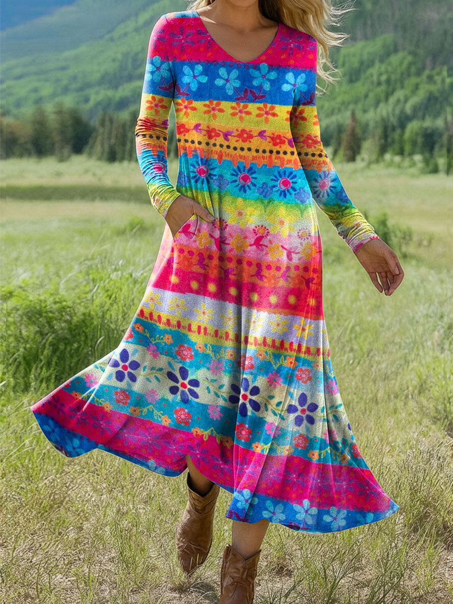 Women's Boho Floral Print Art Print Long-sleeved Dress