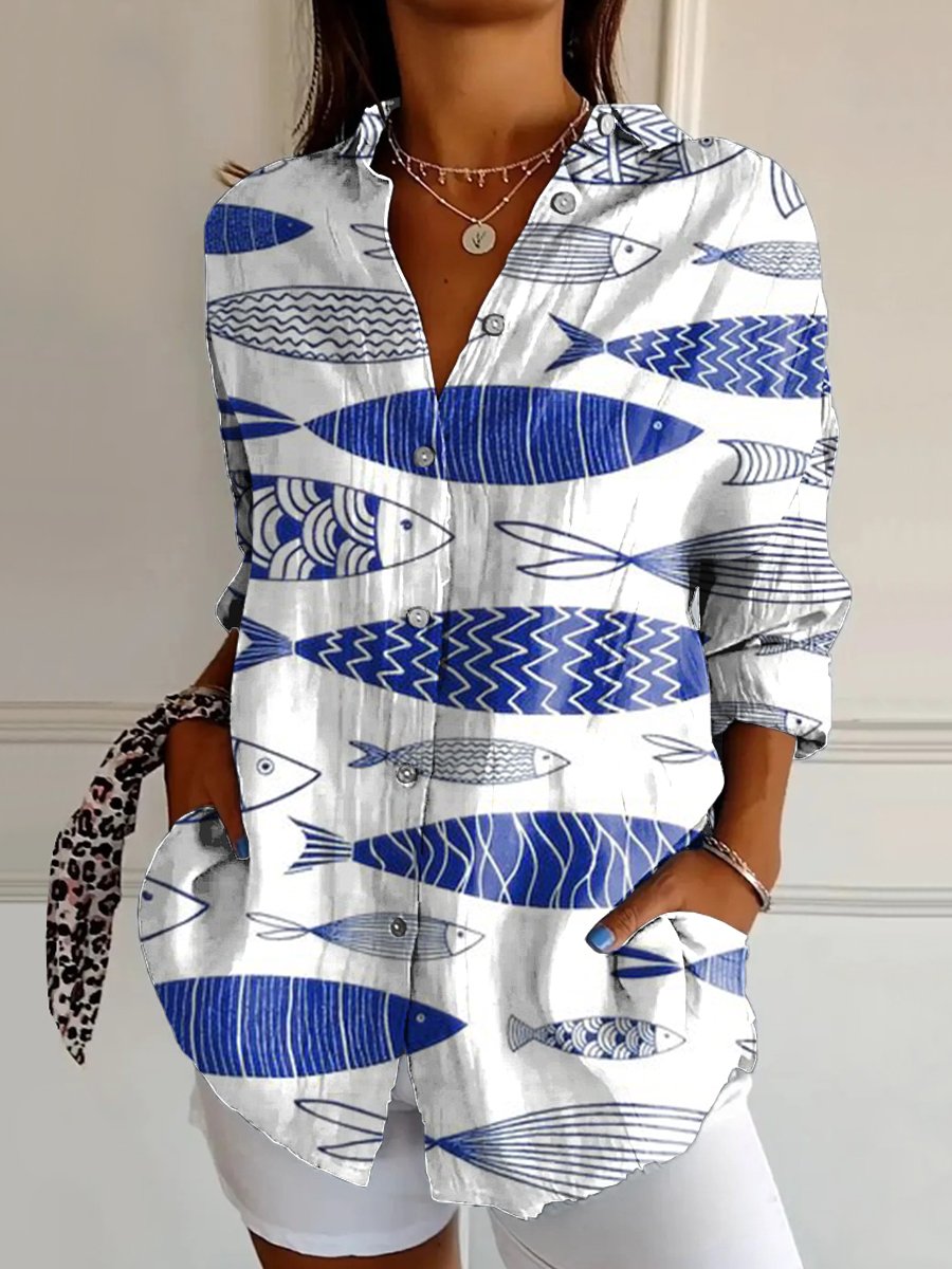 Women's Fish Art Print Casual Cotton Shirt
