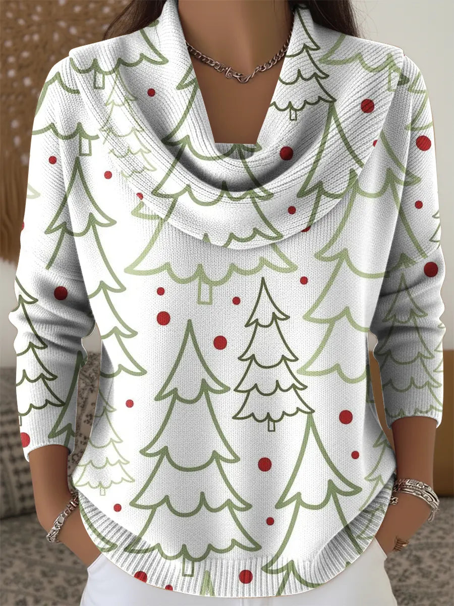 Women's Vintage Line Christmas Tree Print Cowl Neck Sweater
